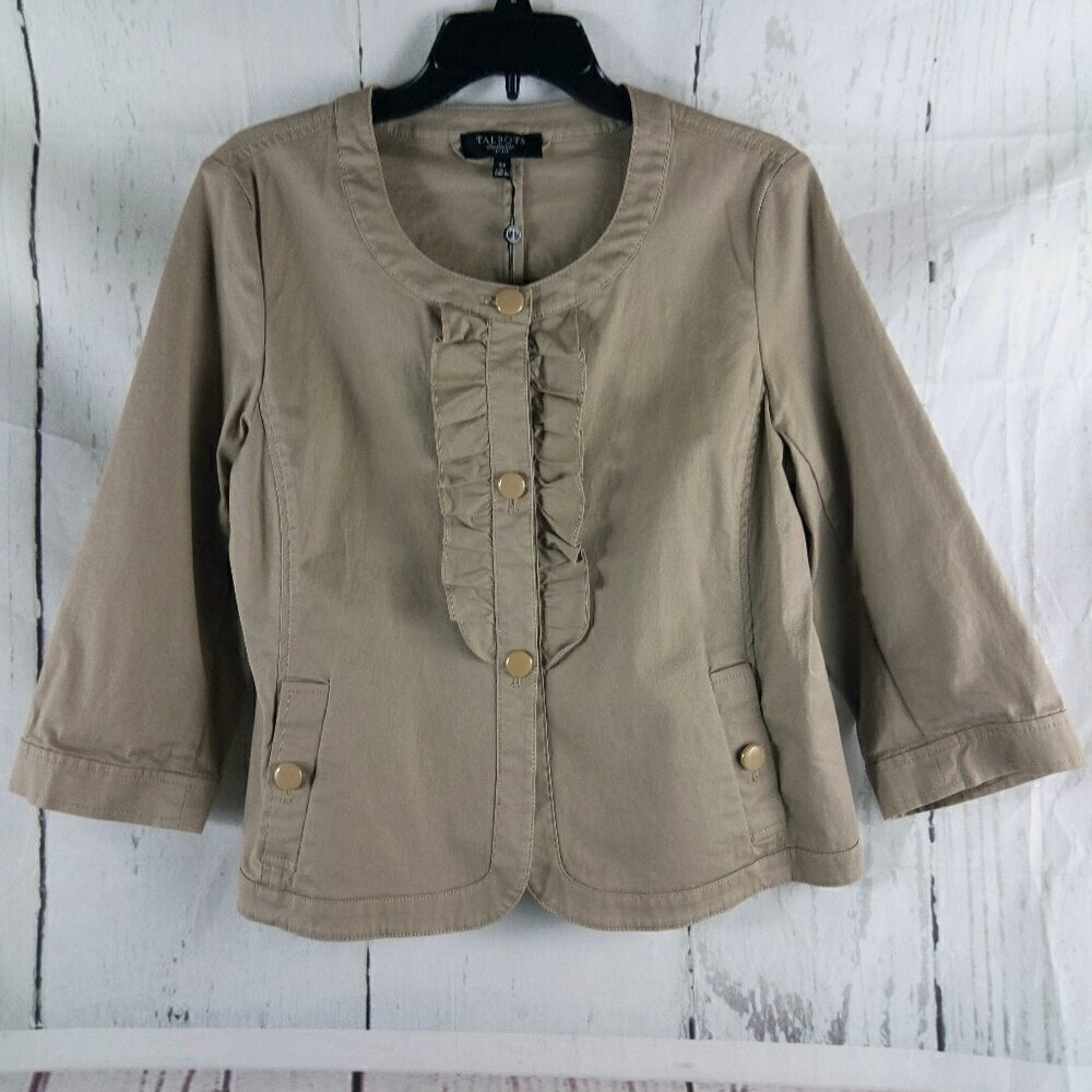 NWT $99 Talbots Petites Womens Size 12P Tan Ruffle Button Front Blazer